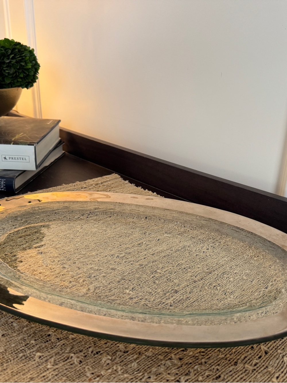 Annieglass Roman Antique Large 16-Inch Oval Platter, Platinum Edge, Signed